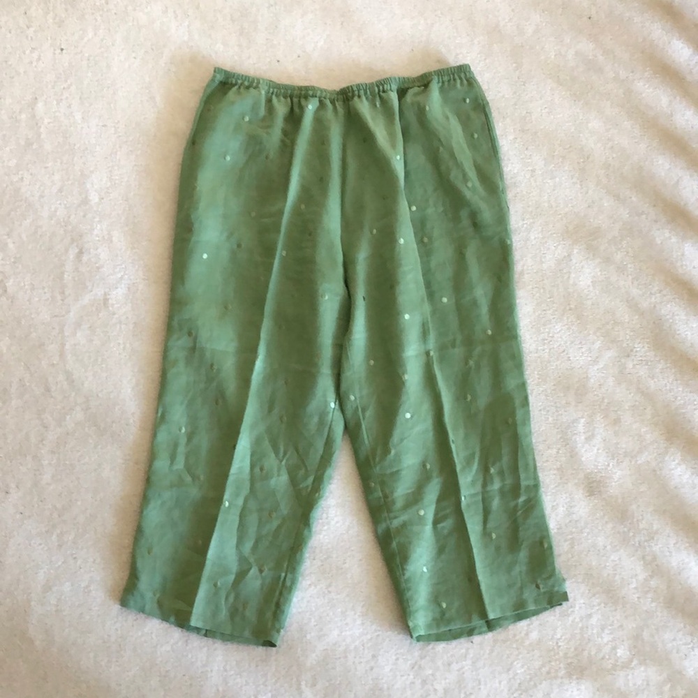 Beautiful sage green linen capris with embroidered polka dots